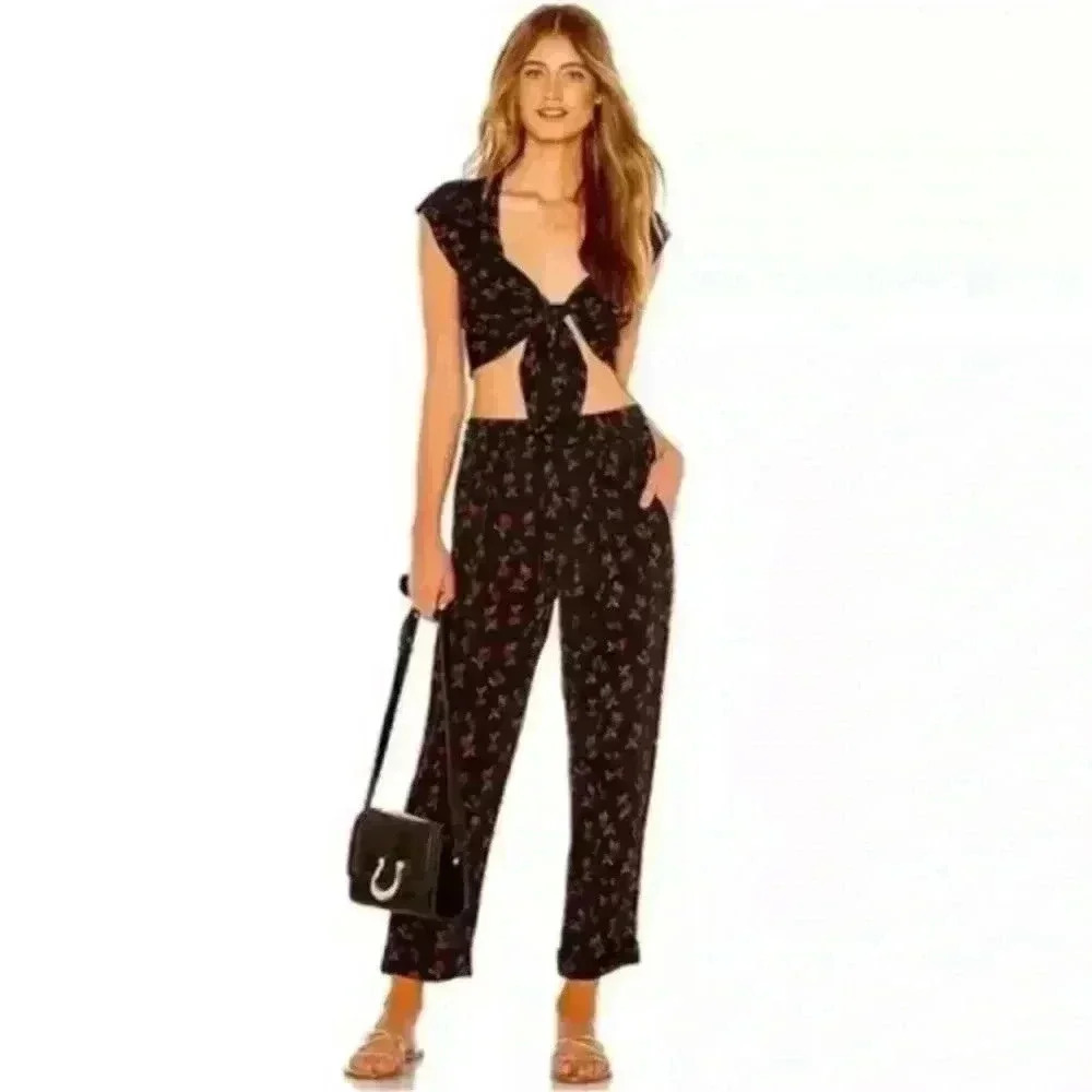 Beach Riot Gia Top Carter Pants 2Pc Set XS Black Red Cherry Print Tie Front NWT